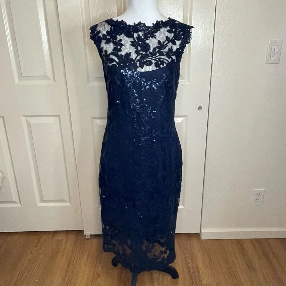 Tadashi Shoji Paillette Embroidered Lace Sheath Cocktail Dress Royal Navy Blue S - Picture 14 of 14